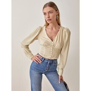 Reformation Henning Velour Velvet Cream Long Sleeve Open Back V-Neck Crop Top 0